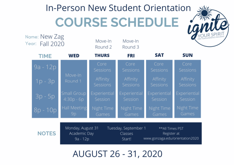 New Student Orientation Schedule Gonzaga University