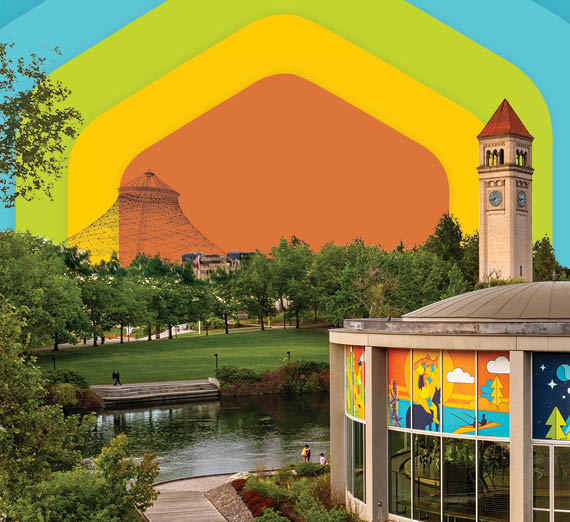 GU bulldog head logo and Pac-12 logo side-by-side over a photo of the Gonzaga University campus at sunset.